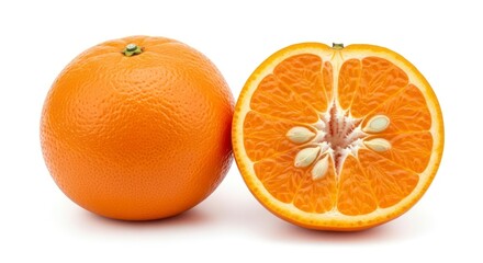 An orange and a halved orange with visible seeds rest on a white surface