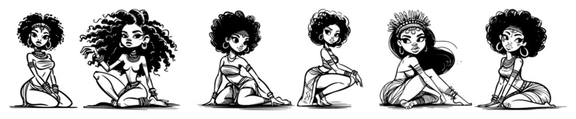 vector afro girl sitting cartoon pose set