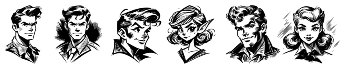vector retro portrait head sketch collection