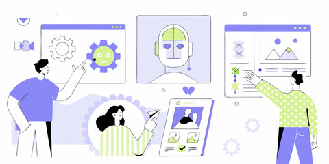 People interacting with digital interfaces and artificial intelligence concepts in a modern flat design style