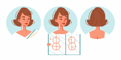 Woman learning to draw a face with front and back views and construction lines