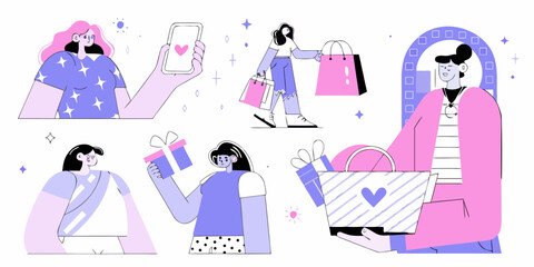 Diverse women enjoying shopping and receiving gifts with a modern flat illustration style