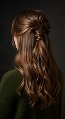 Naklejka premium Elegant Half-Up Hairstyle with Braided Detail for Brunette Hair.