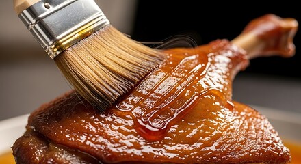 A close-up shot of a brush basting a perfectly cooked, glossy duck leg with a rich, savory sauce, highlighting the delicious texture and golden-brown skin.