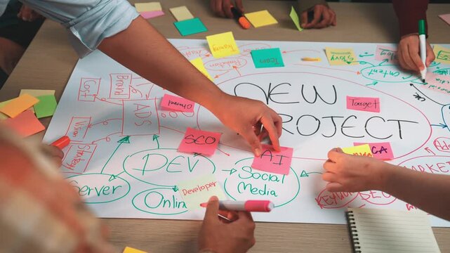 A vibrant brainstorming session showcasing a collaborative team working on a new project with colorful post-it notes and creative ideas spread across a table. SACTR