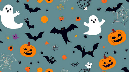 Fototapeta premium Seamless halloween pattern with pumpkins, bats, ghosts, and spider webs on a blue background festive design