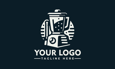 A stylized logo featuring a blender filled with liquid, and a tagline.