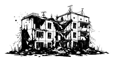 ruined destroyed building after war or disaster sketch vector
