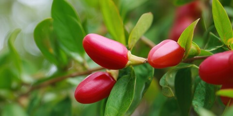 Vibrant red berries pop against a backdrop of lush green leaves in this close-up shot.