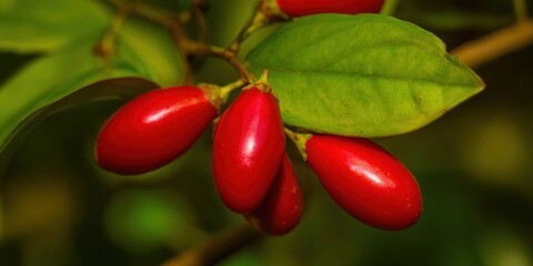 A close-up shot featuring vibrant red berries hanging from a branch with green leaves.