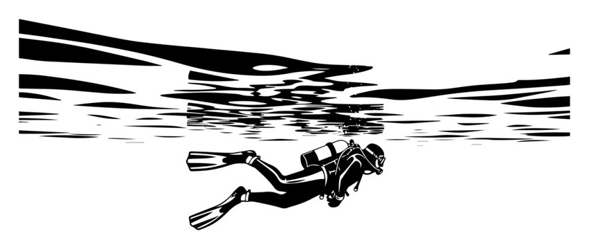 scuba diver swimming underwater silhouette vector illustration