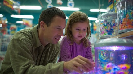 Interactive Learning, Father and Daughter, Toy Store, Photography, Indoor, Close-up, Family Bonding