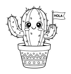 cute cactus with hola flag cartoon coloring page vector © Aisha Kudorova