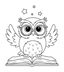 cute wise owl with glasses on book coloring page vector