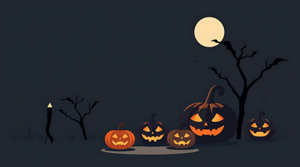Creepy halloween night scene with pumpkins, moon, and bare trees in a pixel art style illustration