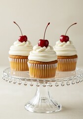Delicious Cherry Cupcakes on a Glass Cake Stand, Dessert Treats.