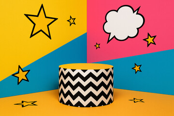 90s Pop Art-Inspired Pedestal/Podium with Bright Color Blocks and Comic Elements