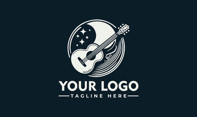 A stylized logo featuring an acoustic guitar surrounded by decorative swirls and a circular design, with text below.