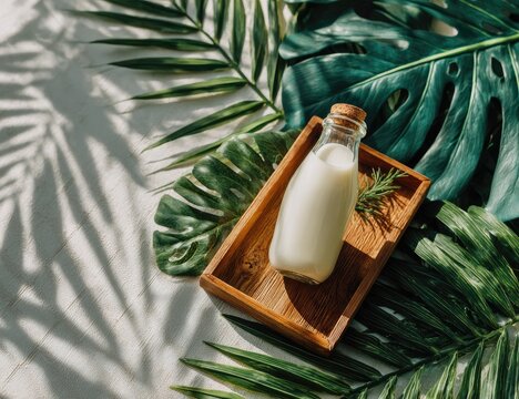 Glass milk bottle on wooden tray, surrounded by tropical leaves, sunlight