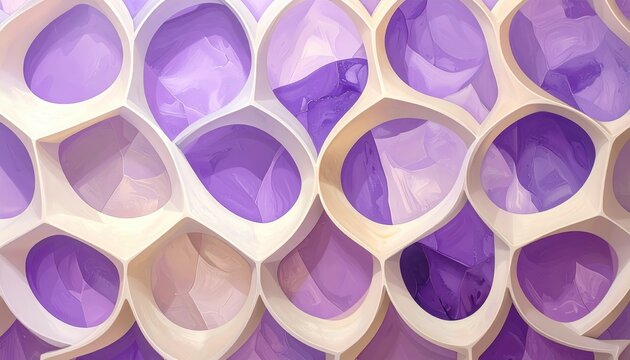 A captivating abstract design showcases an intricate pattern of interlocking, light beige, and purple shapes.