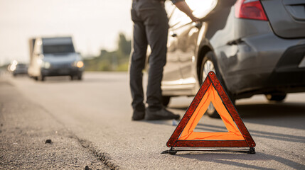 Car Breakdown Incident on Highway, Emergency Triangle Setup in Urban Environment