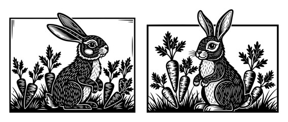 vintage rabbit in carrot field engraving style vector