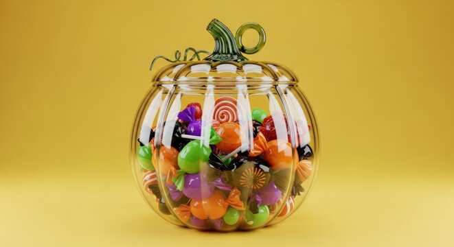 Assorted sweets inside a glass pumpkin container, symbolizing Halloween treats and festive decor