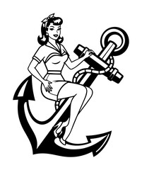 nautical pinup girl sitting on an anchor tattoo style
