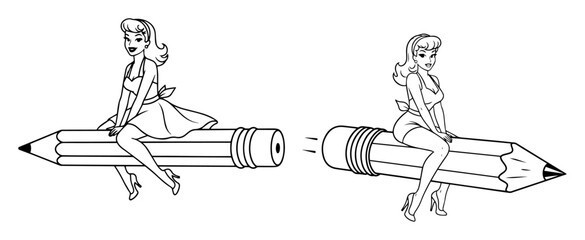 retro pinup girl sitting on a giant pencil vector
