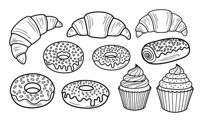bakery pastries sweet food doodle vector set