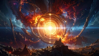 A vibrant depiction of a celestial expanse, featuring a luminous ringed structure amidst fragmented landscapes and swirling nebulae.