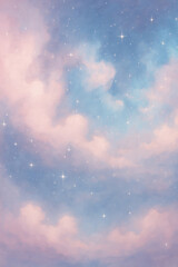 Vertical soft pastel nebula sky blending blue and pink clouds with glittering stars. Dreamy magical celestial aesthetic, surreal fantasy art, ethereal background.