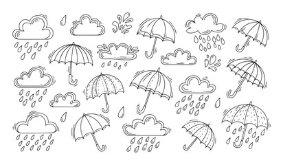 weather doodles with rain clouds and umbrellas vector set