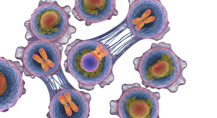 Detailed 3d rendering of cells undergoing division, showcasing chromosomes and cellular structures isolated on transparent background, for scientific visualization