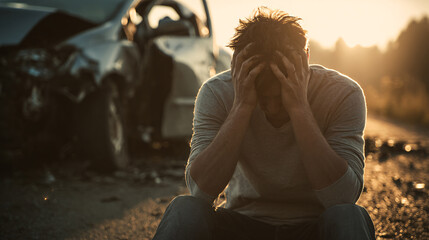 Man in Despair After Car Accident Emotional Impact and Road Safety Concerns