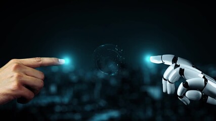 Futuristic robot artificial intelligence enlightening AI technology development and machine learning concept. Global robotic bionic science research for future of human life. 3D rendering graphic. - Powered by Adobe