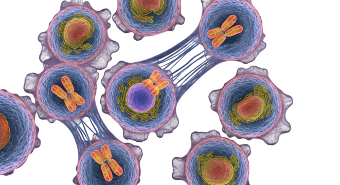 Detailed 3d rendering of cells undergoing division, showcasing chromosomes and cellular structures isolated on transparent background, for scientific visualization