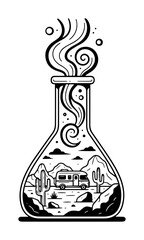 road trip adventure in a chemical flask vector concept