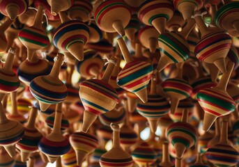 Obraz premium Colorful Wooden Spinning Tops Hanging Closeup.