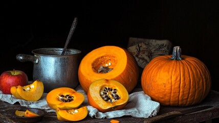 Autumn Pumpkin Still Life with Sliced Squash Apple and Vintage Pot for Food Design Thanksgiving and Healthy Eating Scene