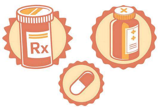 Collection of medicine bottle icons with rx symbol, representing pharmacy, healthcare, and medical treatment isolated on transparent background