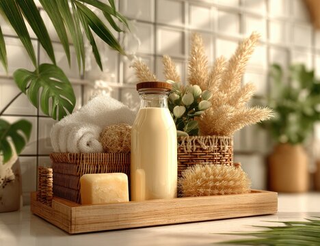 Spa-themed wooden tray with lotion bottle, towels, and plants