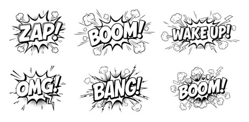 comic style sound effect text collection black and white