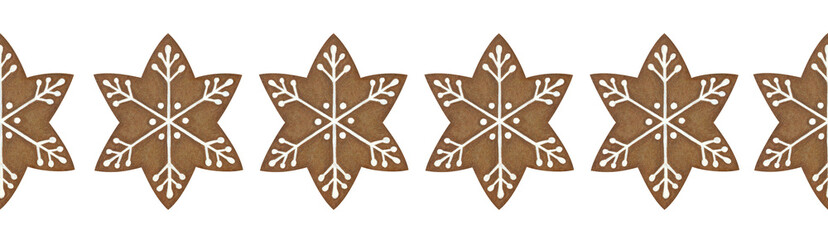 Gingerbread stars Christmas seamless border. Hand drawn cozy illustration for festive atmosphere greeting cards party ornaments printable designs.