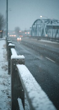 Snowy city street, blurred background