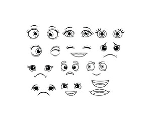 A collection of cartoon eyes and mouths expressing various emotions and feelings.