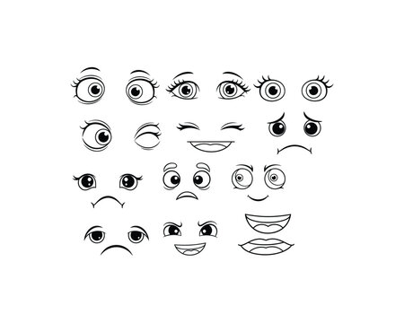 A collection of cartoon eyes and mouths expressing various emotions and feelings.