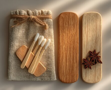 Natural bamboo toothbrushes and wooden accessories in a linen bag