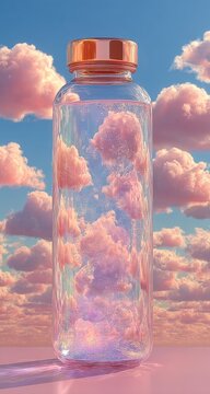 Glass bottle, pink clouds, sunset sky