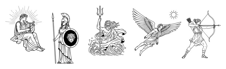 ancient greek gods line art illustration set vector